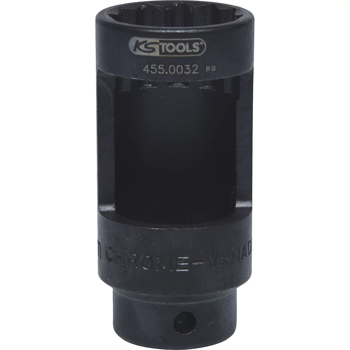 Schwarze Knarren-Stecknuss mit KS TOOLS Logo und der Aufschrift 455.0032. An der Seite steht CHROME-VANADIUM.